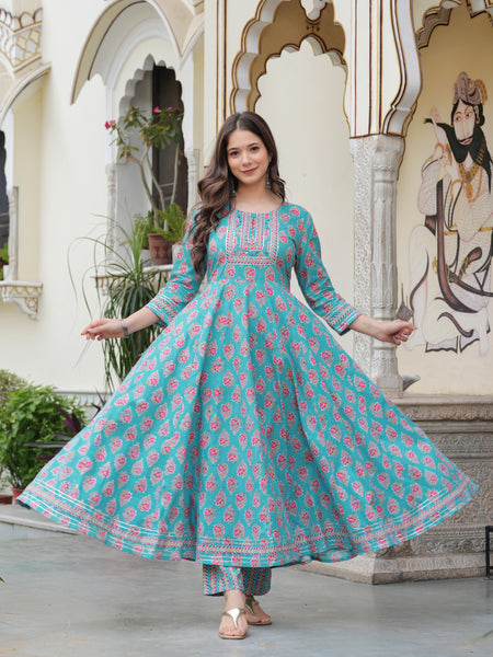 Skyblue Pure Cotton Printed Round Neck Calf Length Anarkali Kurta, Pant & Dupatta Set Mizaz Jaipur