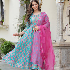 Skyblue Pure Cotton Printed Round Neck Calf Length Anarkali Kurta, Pant & Dupatta Set Mizaz Jaipur