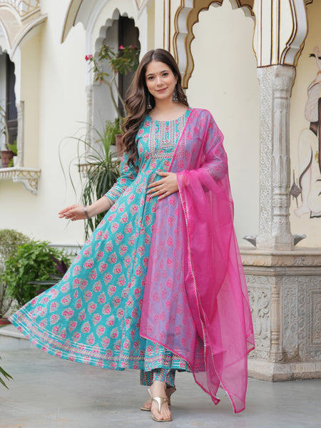 Skyblue Pure Cotton Printed Round Neck Calf Length Anarkali Kurta, Pant & Dupatta Set Mizaz Jaipur