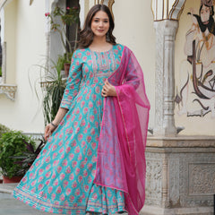 Skyblue Pure Cotton Printed Round Neck Calf Length Anarkali Kurta, Pant & Dupatta Set Mizaz Jaipur