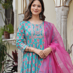 Skyblue Pure Cotton Printed Round Neck Calf Length Anarkali Kurta, Pant & Dupatta Set Mizaz Jaipur