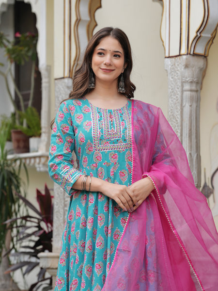 Skyblue Pure Cotton Printed Round Neck Calf Length Anarkali Kurta, Pant & Dupatta Set Mizaz Jaipur