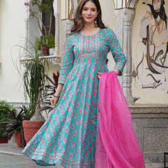 Skyblue Pure Cotton Printed Round Neck Calf Length Anarkali Kurta, Pant & Dupatta Set Mizaz Jaipur