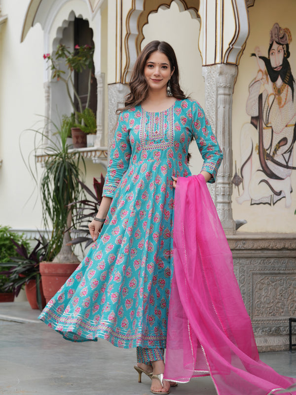 Skyblue Pure Cotton Printed Round Neck Calf Length Anarkali Kurta, Pant & Dupatta Set Mizaz Jaipur