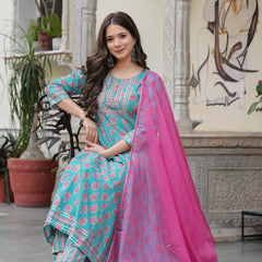 Skyblue Pure Cotton Printed Round Neck Calf Length Anarkali Kurta, Pant & Dupatta Set Mizaz Jaipur