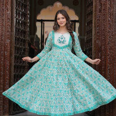 Turquoise Pure Cotton Printed Round Neck Calf Length Anarkali Kurta, Pant & Dupatta Set Mizaz Jaipur