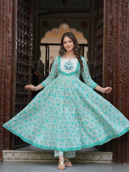 Turquoise Pure Cotton Printed Round Neck Calf Length Anarkali Kurta, Pant & Dupatta Set Mizaz Jaipur