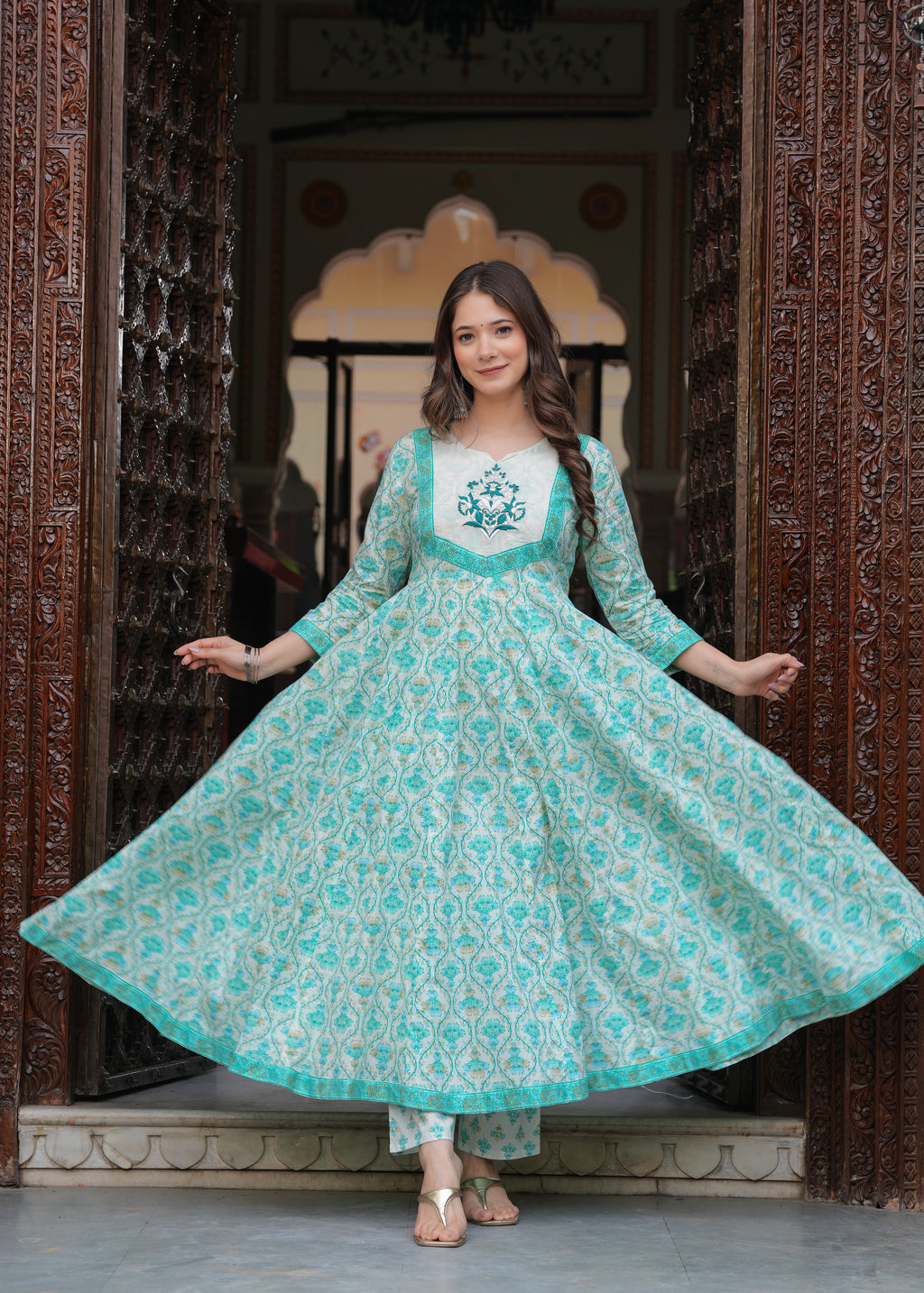 Turquoise Pure Cotton Printed Round Neck Calf Length Anarkali Kurta, Pant & Dupatta Set Mizaz Jaipur