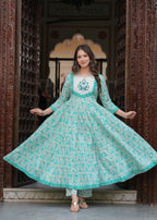 Turquoise Pure Cotton Printed Round Neck Calf Length Anarkali Kurta, Pant & Dupatta Set Mizaz Jaipur