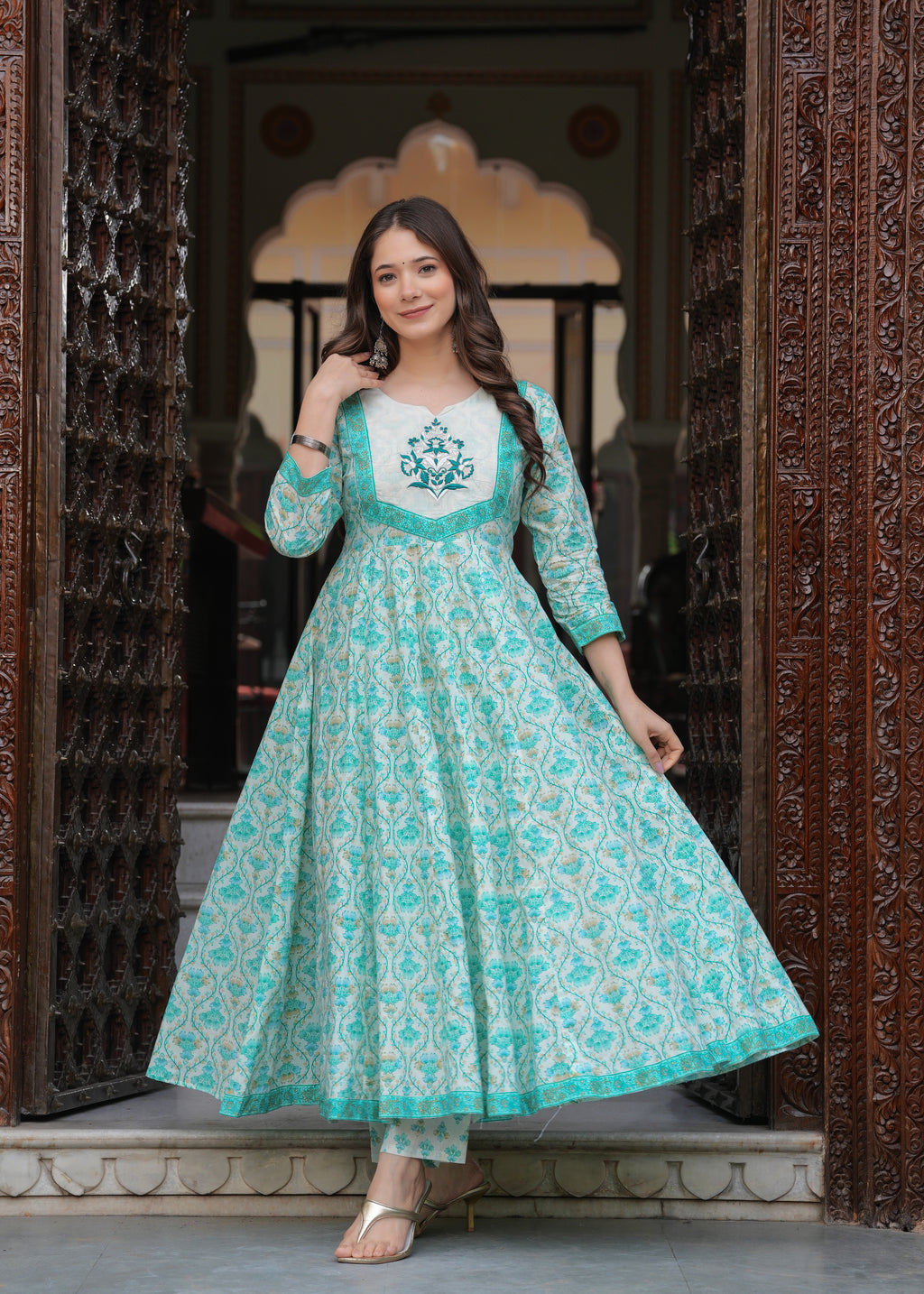 Turquoise Pure Cotton Printed Round Neck Calf Length Anarkali Kurta, Pant & Dupatta Set Mizaz Jaipur