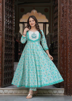 Turquoise Pure Cotton Printed Round Neck Calf Length Anarkali Kurta, Pant & Dupatta Set Mizaz Jaipur