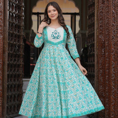 Turquoise Pure Cotton Printed Round Neck Calf Length Anarkali Kurta, Pant & Dupatta Set Mizaz Jaipur