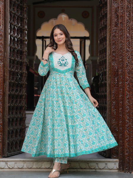 Turquoise Pure Cotton Printed Round Neck Calf Length Anarkali Kurta, Pant & Dupatta Set Mizaz Jaipur
