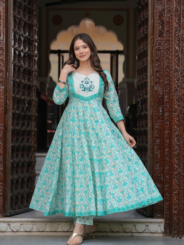Turquoise Pure Cotton Printed Round Neck Calf Length Anarkali Kurta, Pant & Dupatta Set Mizaz Jaipur