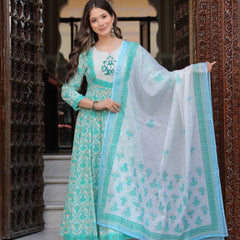 Turquoise Pure Cotton Printed Round Neck Calf Length Anarkali Kurta, Pant & Dupatta Set Mizaz Jaipur