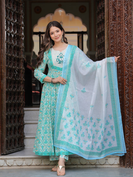 Turquoise Pure Cotton Printed Round Neck Calf Length Anarkali Kurta, Pant & Dupatta Set Mizaz Jaipur