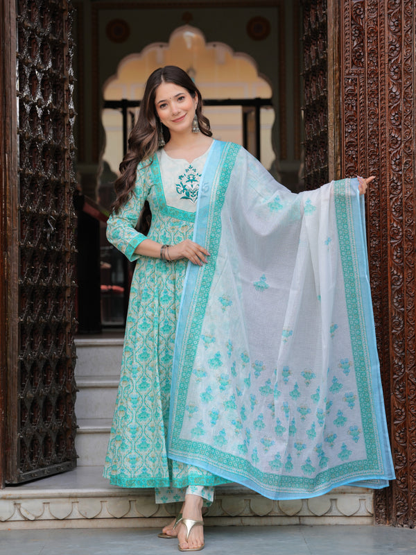 Turquoise Pure Cotton Printed Round Neck Calf Length Anarkali Kurta, Pant & Dupatta Set Mizaz Jaipur