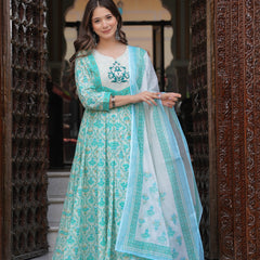 Turquoise Pure Cotton Printed Round Neck Calf Length Anarkali Kurta, Pant & Dupatta Set Mizaz Jaipur