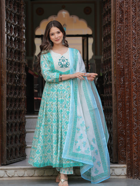 Turquoise Pure Cotton Printed Round Neck Calf Length Anarkali Kurta, Pant & Dupatta Set Mizaz Jaipur