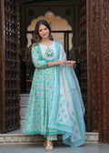 Turquoise Pure Cotton Printed Round Neck Calf Length Anarkali Kurta, Pant & Dupatta Set Mizaz Jaipur