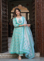 Turquoise Pure Cotton Printed Round Neck Calf Length Anarkali Kurta, Pant & Dupatta Set Mizaz Jaipur