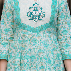 Turquoise Pure Cotton Printed Round Neck Calf Length Anarkali Kurta, Pant & Dupatta Set Mizaz Jaipur