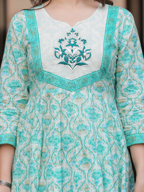 Turquoise Pure Cotton Printed Round Neck Calf Length Anarkali Kurta, Pant & Dupatta Set Mizaz Jaipur
