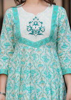Turquoise Pure Cotton Printed Round Neck Calf Length Anarkali Kurta, Pant & Dupatta Set Mizaz Jaipur