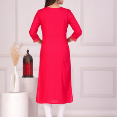 Pink Rayon Embroidered Round Neck 3/4 Sleeves Calf Length Straight Kurta