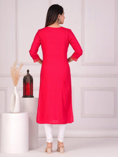Pink Rayon Embroidered Round Neck 3/4 Sleeves Calf Length Straight Kurta