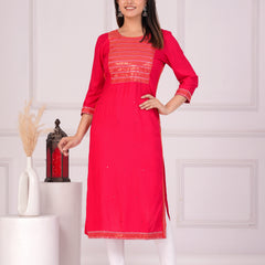 Pink Rayon Embroidered Round Neck 3/4 Sleeves Calf Length Straight Kurta