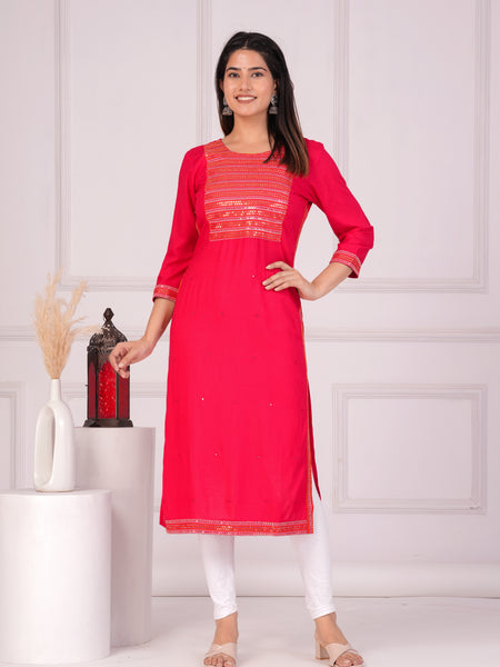 Pink Rayon Embroidered Round Neck 3/4 Sleeves Calf Length Straight Kurta