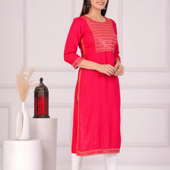 Pink Rayon Embroidered Round Neck 3/4 Sleeves Calf Length Straight Kurta