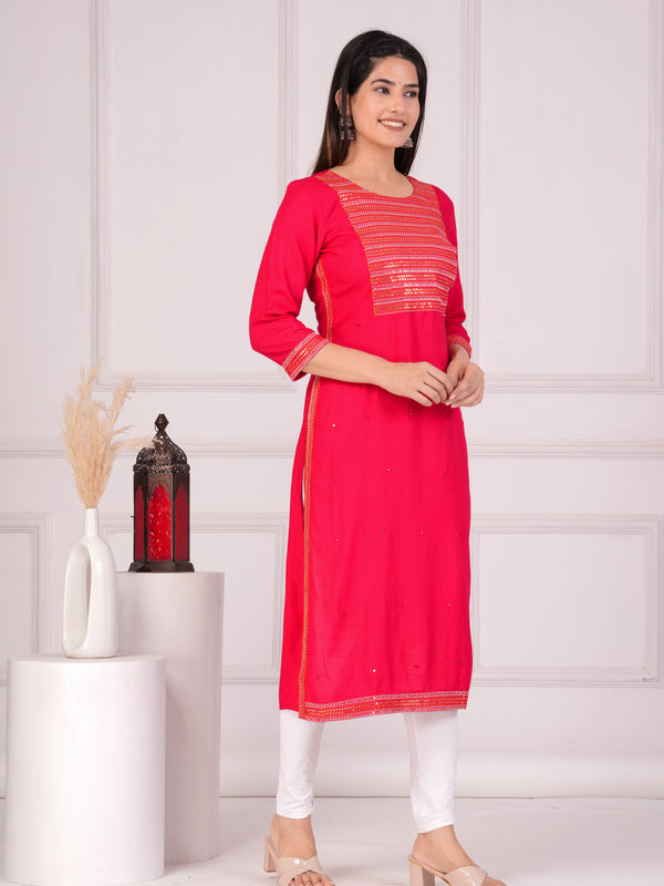 Pink Rayon Embroidered Round Neck 3/4 Sleeves Calf Length Straight Kurta