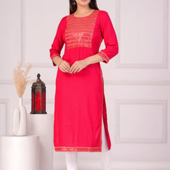 Pink Rayon Embroidered Round Neck 3/4 Sleeves Calf Length Straight Kurta