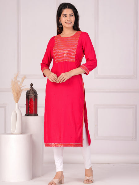 Pink Rayon Embroidered Round Neck 3/4 Sleeves Calf Length Straight Kurta