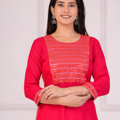 Pink Rayon Embroidered Round Neck 3/4 Sleeves Calf Length Straight Kurta
