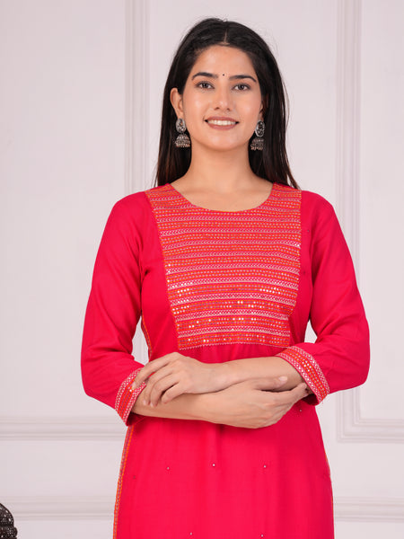 Pink Rayon Embroidered Round Neck 3/4 Sleeves Calf Length Straight Kurta