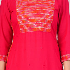 Pink Rayon Embroidered Round Neck 3/4 Sleeves Calf Length Straight Kurta