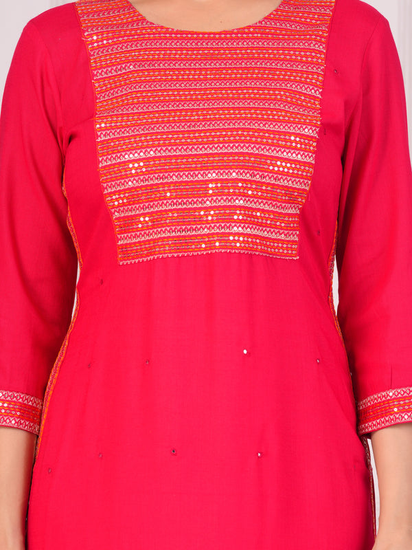 Pink Rayon Embroidered Round Neck 3/4 Sleeves Calf Length Straight Kurta