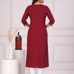 Maroon Rayon Embroidered Round Neck 3/4 Sleeves Calf Length Straight Kurta