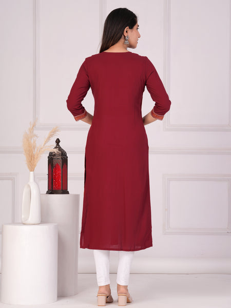 Maroon Rayon Embroidered Round Neck 3/4 Sleeves Calf Length Straight Kurta