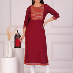 Maroon Rayon Embroidered Round Neck 3/4 Sleeves Calf Length Straight Kurta