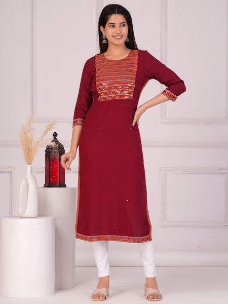 Maroon Rayon Embroidered Round Neck 3/4 Sleeves Calf Length Straight Kurta