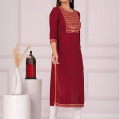 Maroon Rayon Embroidered Round Neck 3/4 Sleeves Calf Length Straight Kurta