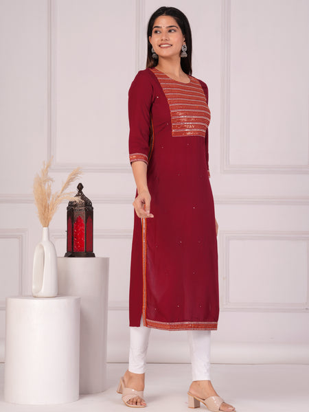 Maroon Rayon Embroidered Round Neck 3/4 Sleeves Calf Length Straight Kurta