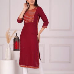 Maroon Rayon Embroidered Round Neck 3/4 Sleeves Calf Length Straight Kurta