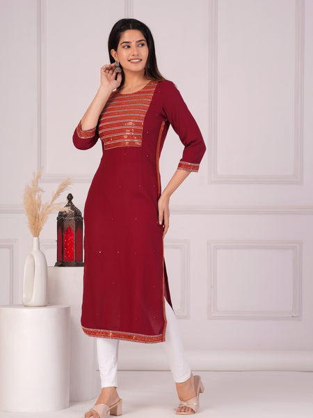 Maroon Rayon Embroidered Round Neck 3/4 Sleeves Calf Length Straight Kurta