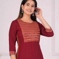 Maroon Rayon Embroidered Round Neck 3/4 Sleeves Calf Length Straight Kurta