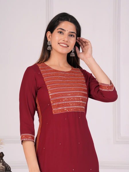 Maroon Rayon Embroidered Round Neck 3/4 Sleeves Calf Length Straight Kurta